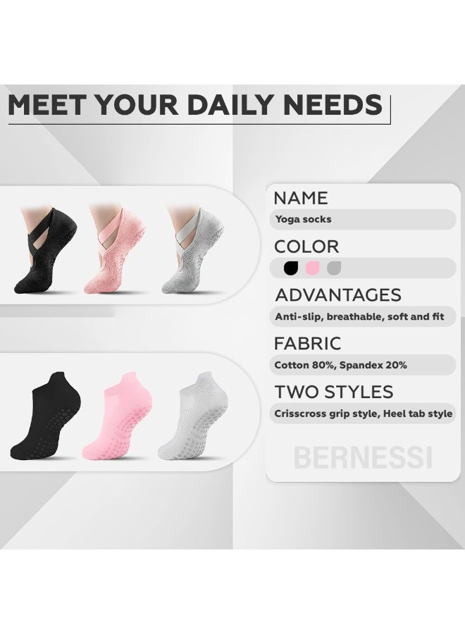 Bernessi 6 Pairs Non-Slip Yoga Socks Set For Women 2 Designed 3 Colors, Barre Elastic Workout Pilates Yoga Socks For Yoga Sports Gym Home Barefoot Exercises Dance Ballet - Image 4